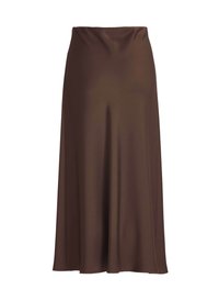 Jupe midi en satin marron avec légère évasée et texture lisse, avec une taille ajustée et une silhouette fluide.