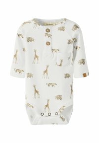 Bawełniane białe body dla niemowląt z nadrukiem zwierzęcym. Posiada drewniane guziki, kieszonkę na piersi oraz zatrzaski w dolnej części. Długie rękawy.