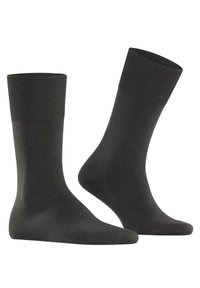 Donkergrijze katoenen sokken met ribgebreide boorden, met een gladde textuur en een klassiek crewlengte ontwerp. Geen patronen of opvallende accenten.
