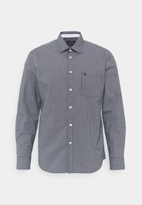 Herrskjorta med långa ärmar i marinblått och vitt rutmönster, med knäppning framtill, krage och en bröstficka.