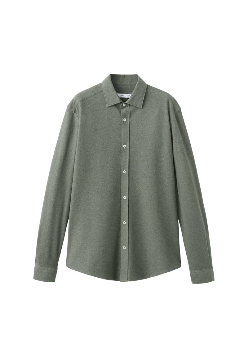 Langærmet skjorte med knapper i blødt, struktureret, afdæmpet grønt stof; har spidse kraver og hvide knapper langs fronten.