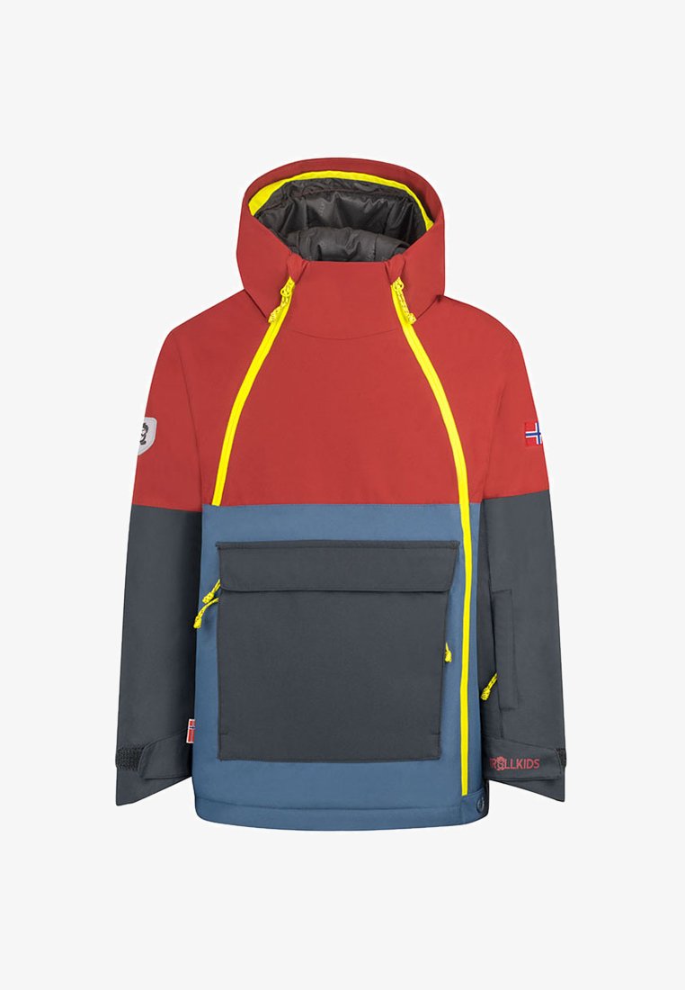 Red and gray jacket with a hood, featuring a front pocket, yellow zippers, and contrasting blue accents. Made from a waterproof material.