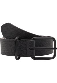 Curea din piele neagră cu finisaj texturat, având o cataramă dreptunghiulară din metal negru și un vârf neted, curbat.