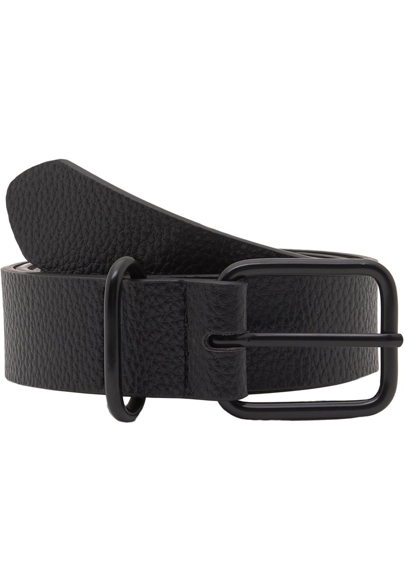 Curea din piele neagră cu finisaj texturat, având o cataramă dreptunghiulară din metal negru și un vârf neted, curbat.