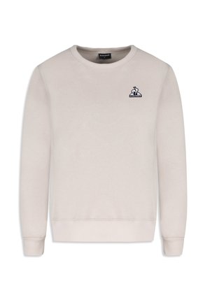 Lichtbeige sweater gemaakt van een zachte katoenen mix, met een ronde hals, geribde mouwen en een klein gedrukt logo op de linkerkant van de borst.