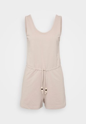 Svijetlosmeđi bezrukavni kombinezon s izrezom, elastičnom žicom u struku i kontrastnim perlicama na žici. Glatka tkanina.