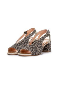 Avoin-pohjainen slingback-kengät harmaassa leopardikuosisessa mokassa, jossa on kultainen yksityiskohta takaremmin ja lohkokorko. Sileä sisäpinta ja tekstuuripinta.