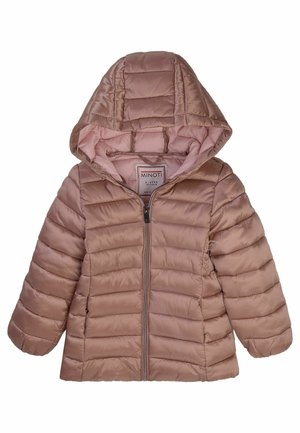 Chaqueta acolchada de color rosa claro con cremallera frontal, capucha y textura acolchada. Cuenta con un suave forro interior y puños elásticos.