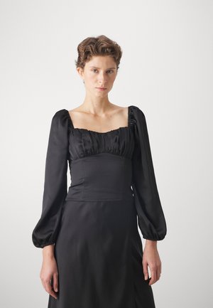 LONG-SLEEVE SATIN RUCHED SET TOP - Blūze - BLACK BEAUTY