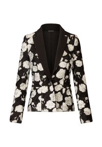 Schwarze Blazer mit floralen Motiven und weißen gestickten Rosen, mit einem schwarzen satinartigen Revers, langen Ärmeln und einem einzelnen Knopfverschluss. Strukturierter Stoff.