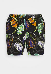 Shorts de bain en tissu noir avec un motif coloré de feuilles et de silhouettes. Comprend une taille élastique avec un cordon de serrage pour un ajustement réglable.
