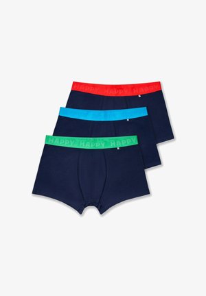 Drei Paare marineblaue Boxershorts mit roten, blauen und grünen elastischen Taillenbändern, die das Wort "HAPPY" eingraviert haben. Weiches Material, simples Design.