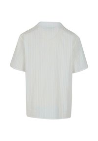 Camicia a maniche corte in crema chiaro con sottili righe verticali. Presenta un colletto classico e una vestibilità rilassata, realizzata in un tessuto testurizzato.