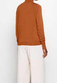 Pull à manches longues et col roulé en tricot couleur rouille. Comprend un ourlet et des poignets côtelés, porté avec un pantalon large couleur crème.