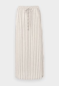 Lys beige linenskjørt med vertikale mørke striper, elastisk midje og snøring. Har en sideslitt ved nederkanten for bedre bevegelsesfrihet.