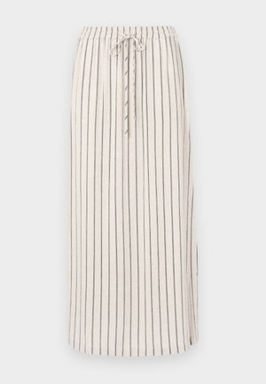 Falda de lino de color beige claro con rayas verticales oscuras, cinturilla elástica y cordón. Presenta una abertura lateral en el dobladillo para facilitar el movimiento.