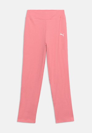 Rosa ribbade leggings med hög midja, raka ben och en liten vit Puma-logotyp på övre vänstra låret.