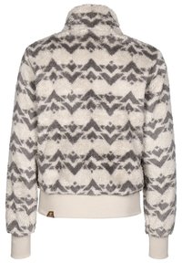 Krémová a šedá vzorovaná fleecová bunda s žebrovanými manžetami a lemem, s měkkou, plyšovou texturou a vysokým límcem.