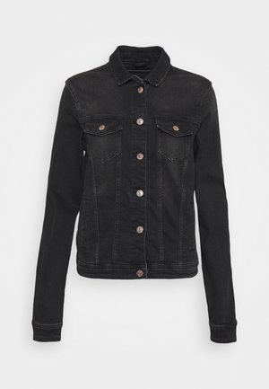 Giacca di jeans nera con maniche lunghe, chiusura frontale con bottoni e due tasche a patta sul petto con bottoni.