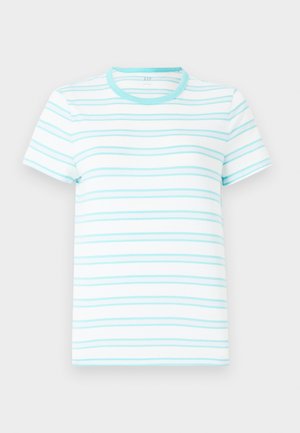 Īsām piedurknēm t-krekls izgatavots no viegla auduma, ar horizontālām gaismblue svītrām uz baltas fona un atbilstošu apaļu kakla izgriezumu.