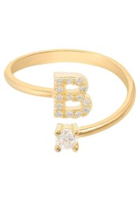 Złototona regulowana pierścionek z wypolerowaną literą "B" ozdobioną przezroczystymi kryształami oraz okrągłym akcentem topazu na prostym pasku.