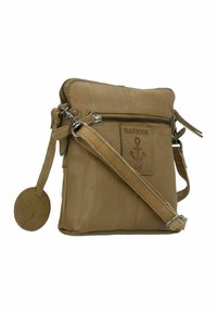 Borsa a tracolla in pelle marrone con scomparto con zip, superficie texturizzata e logo ancorato in rilievo. Include una tracolla regolabile e un'etichetta circolare.