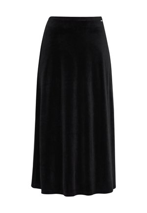 Černá, dlouhá sukně ve tvaru A vyrobená z měkké, strukturované látky. Má jednoduchý pás a hladký, plynulý design bez ozdob.