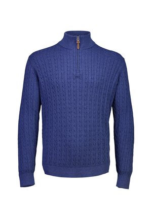 Jersey de punto azul marino con cuello con cremallera, que presenta un patrón de trenzado texturizado, mangas largas y puños y bajo de canalé.