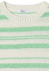 Pull en maille rayé crème et vert clair avec col rond côtelé et étiquette de marque "CECIL" à l’intérieur du col.