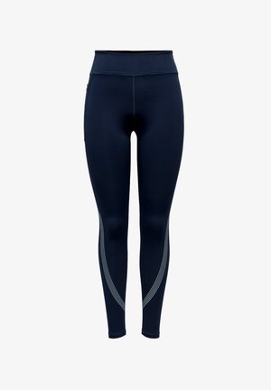 Marineblå høytlivs leggings med reflekterende buede striper langs underbenene, designet for atletisk bruk.