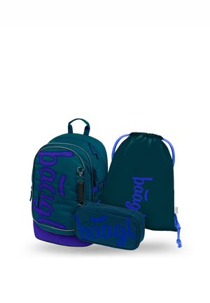 Dark teal backpack, drawstring bag, and pencil case set with blue "baagl" text and blue zipper and cord accents.