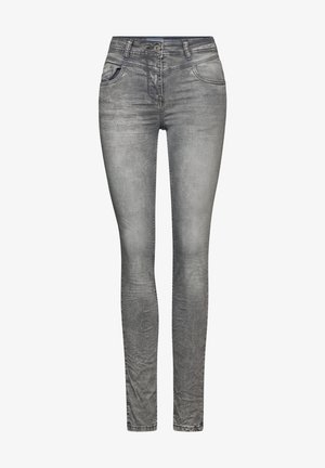 Graue Skinny-Jeans aus Denim, mit einem ausgeblichenen Finish, schmaler Passform, Fünf-Taschen-Design und Knopfverschluss an der Taille.