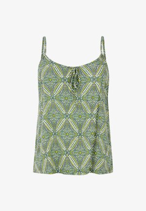 Canotta leggera verde con un motivo floreale e geometrico in bianco e giallo. Presenta spalline sottili e un collo arricciato.