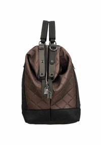 Zaino sintetico marrone trapuntato con base nera, cerniere doppie e dettagli in metallo argento. Presenta due spallacci regolabili.