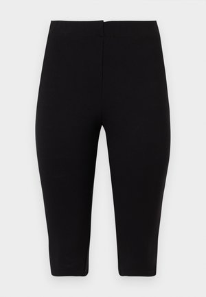 Czarne, dopasowane, krótkie legginsy z wysokim stanem i gładkim paskiem, wykonane z elastycznego materiału, przedstawione na białym tle.