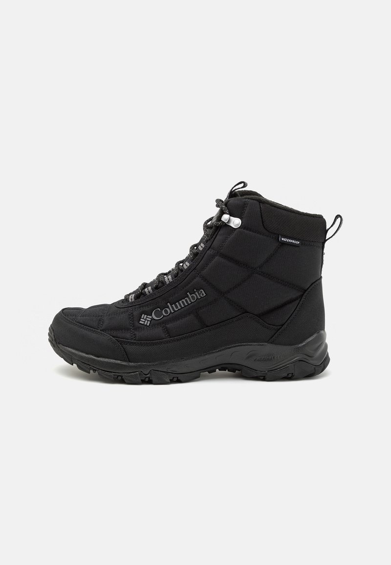 Black waterproof high-top boots with quilted texture, textured sole, and contrasting laces. Features logo on the side and reinforced ankle.