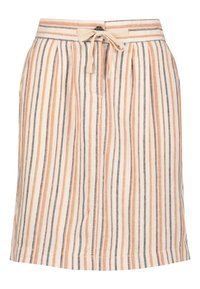 Falda a rayas en beige, naranja y gris. Presenta una cintura con cordón y un diseño plisado. Fabricada en tela ligera.