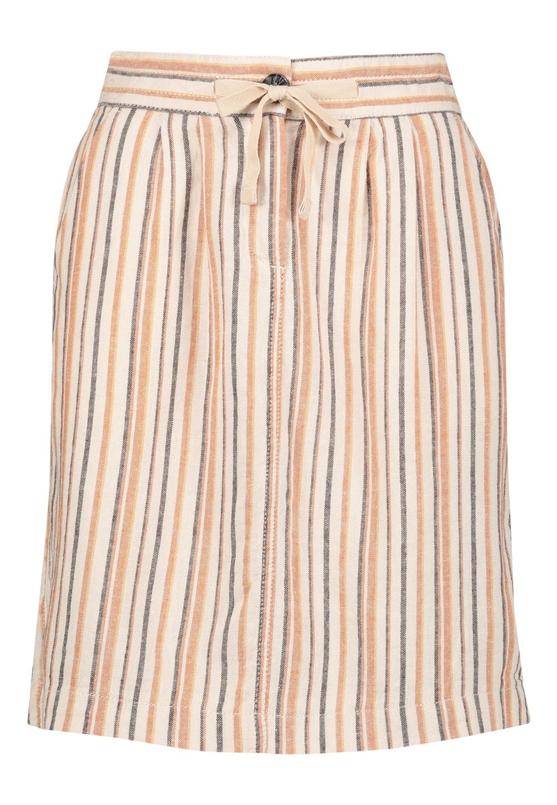 Falda a rayas en beige, naranja y gris. Presenta una cintura con cordón y un diseño plisado. Fabricada en tela ligera.
