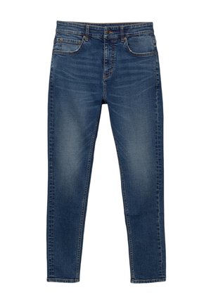 Blaue Denim-Jeans mit geradem Bein, fünf Taschen, kontrastierendem Nähen und einem klassischen Knopf- und Reißverschluss.