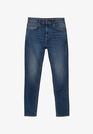 Blue denim jeans with a straight-leg cut, featuring five pockets, contrasting stitching, and a classic button and zipper fly closure.
