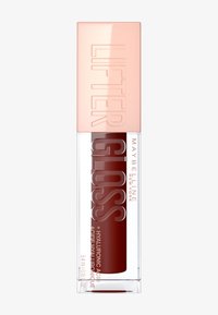 Gloss Lifter de Maybelline avec acide hyaluronique, bouteille cylindrique transparente, capuchon rectangulaire rose pâle, teinte du produit brun rougeâtre foncé.