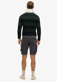 Donkergroen en zwarte gestreepte pullover met een witte kraag, gecombineerd met grijze cargo shorts met zijzakken en beige sneakers.
