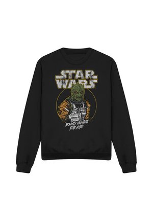 Black sweatshirt with Star Wars text and green alien character wearing armor, with "Bounty Hunter For Hire" below.