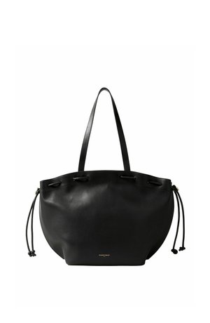 Borsa tote in pelle nera con doppi manici a spalla, dettagli con coulisse sui lati e piccolo logo dorato al centro in basso.