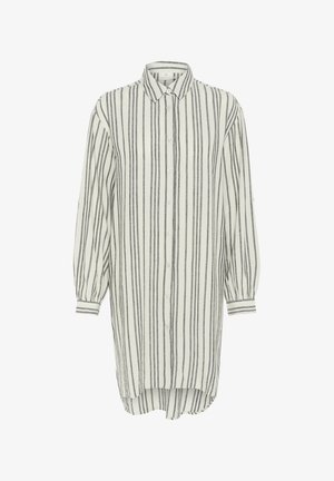 Hosszú, világos krém színű ing, sötétszürke függőleges csíkokkal, puha anyagból, hosszú ujjak, ívelt hem.