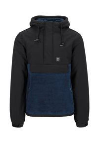 Fleece hooded pullover jacket with a black outer layer and navy blue fleece interior. Features adjustable drawstrings and a front pouch pocket.
