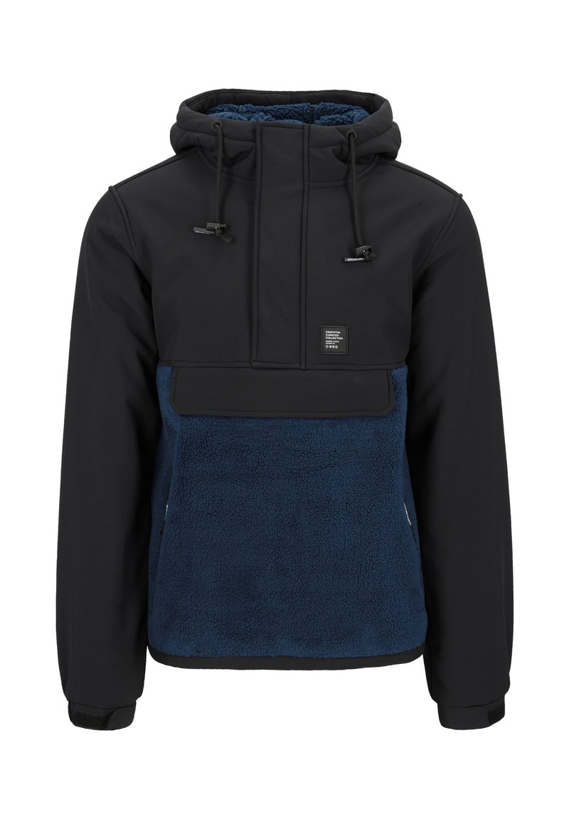 Fleece hooded pullover jacket with a black outer layer and navy blue fleece interior. Features adjustable drawstrings and a front pouch pocket.