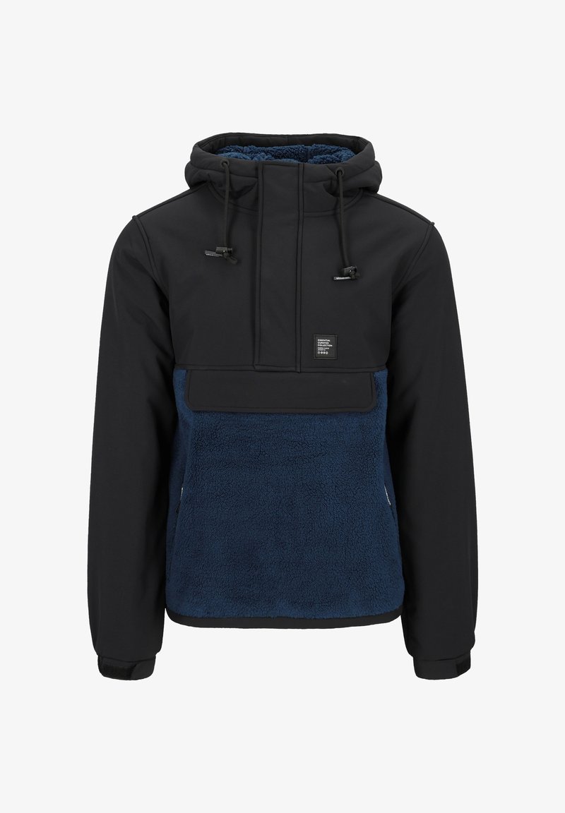 Fleece hooded pullover jacket with a black outer layer and navy blue fleece interior. Features adjustable drawstrings and a front pouch pocket.