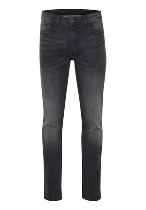 Zwarte denim jeans met een slim fit, vervaagde details, vijf zakken en een standaard tailleband met een knoopsluiting en rode accenten.