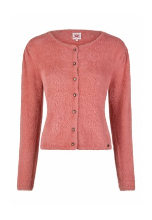 Zacht getextureerde roze vest met lange mouwen, ronde halslijn en zes zilveren knopen aan de voorkant.